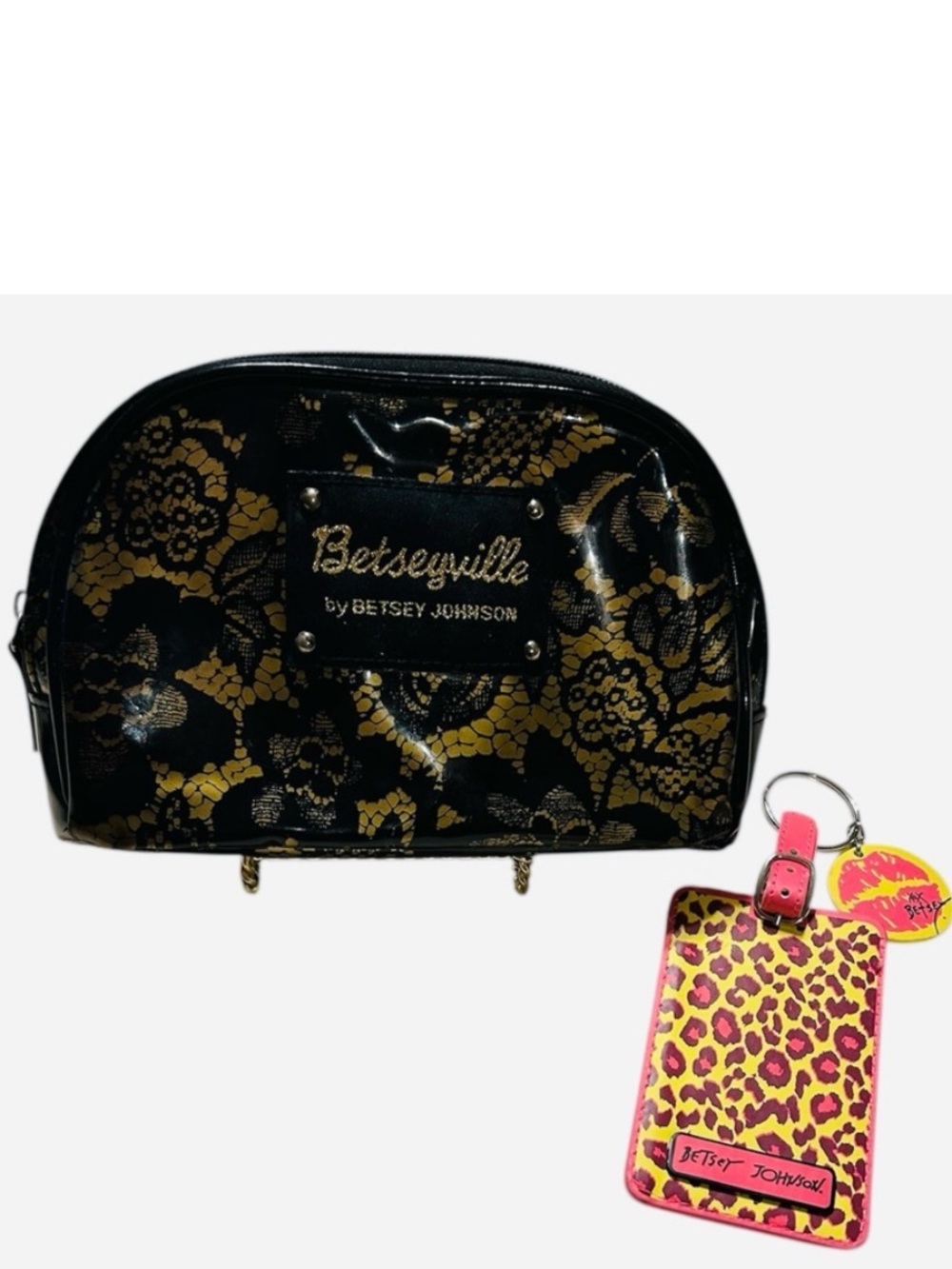 Betsey Johnson Black & Gold Lace Cosmetic Bag with Yellow Leopard Luggage Tag